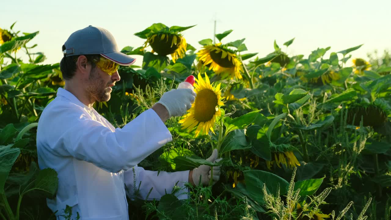 实验室助理检查青翠的植物生长。农业产业。向日葵。