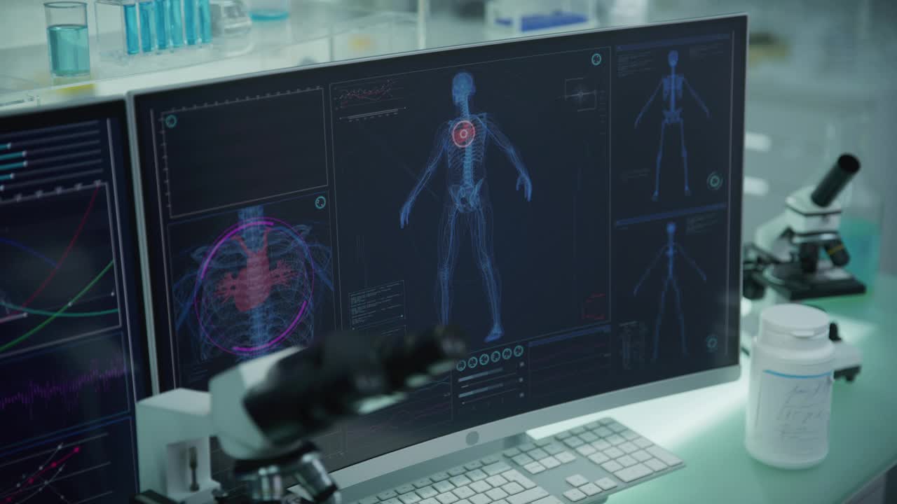 现代的电脑和显微镜。带有动画人体模型的屏幕。科学家扫描虚拟病人的损伤。心脏和有红色标记的静脉。近距离接触