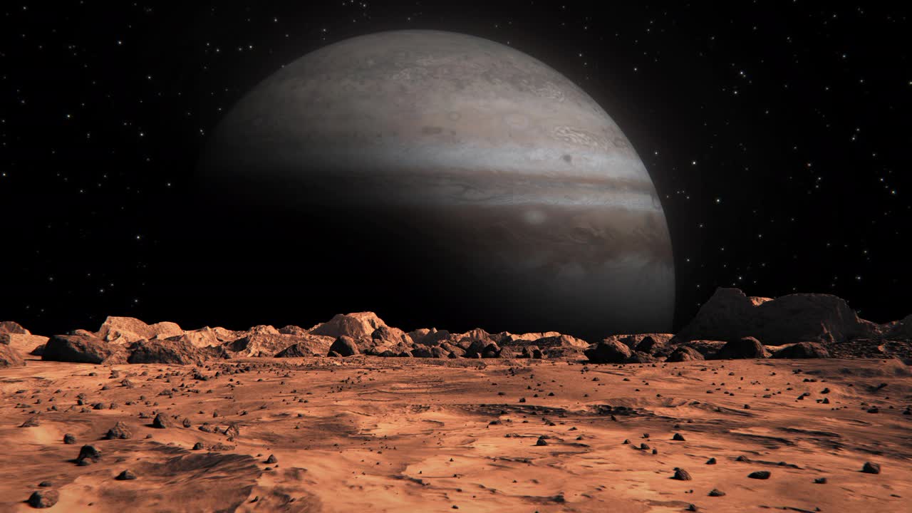 从火星表面看到的木星。火星表面布满了小岩石和红色的沙子。火星景观在锈橙色阴影，火星行星表面，沙漠，悬崖，沙子。红色的火星。概念空间抽象背景。