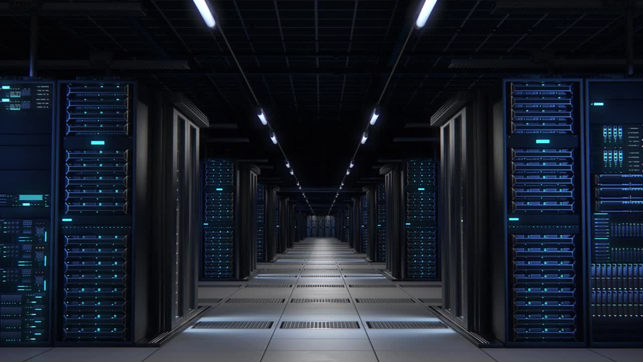 现代数据技术中心服务器机架在明亮的房间工作。物联网概念、大数据保护、存储、加密货币农场、云计算。镜头向前移动。