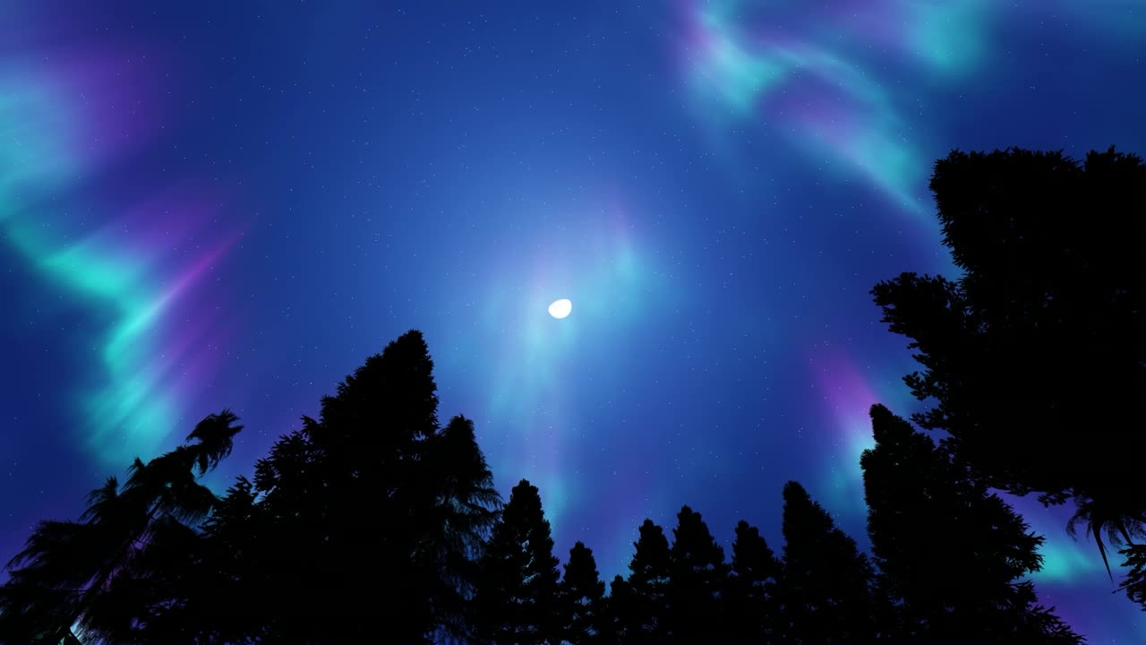 北极光在繁星点点的天空和树木的剪影，低角度的观点
