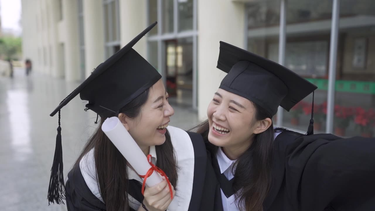详情图-两个亚洲女大学生最好的朋友拥抱在一起，站在户外的草地上，面对镜头竖起大拇指，展示毕业典礼的毕业证书