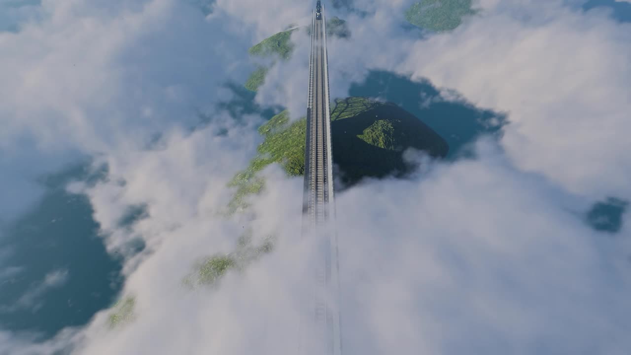 火车在云霄之上的山巅，俯视图
