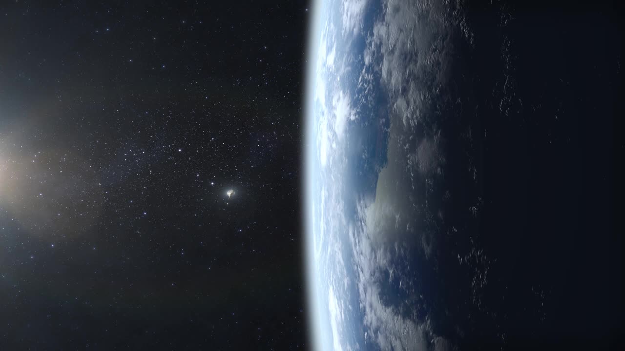 一枚超音速核导弹飞过地球上空。从空间。火箭飞行和旋转。高超声速武器。核战争。4 k。3 d动画。