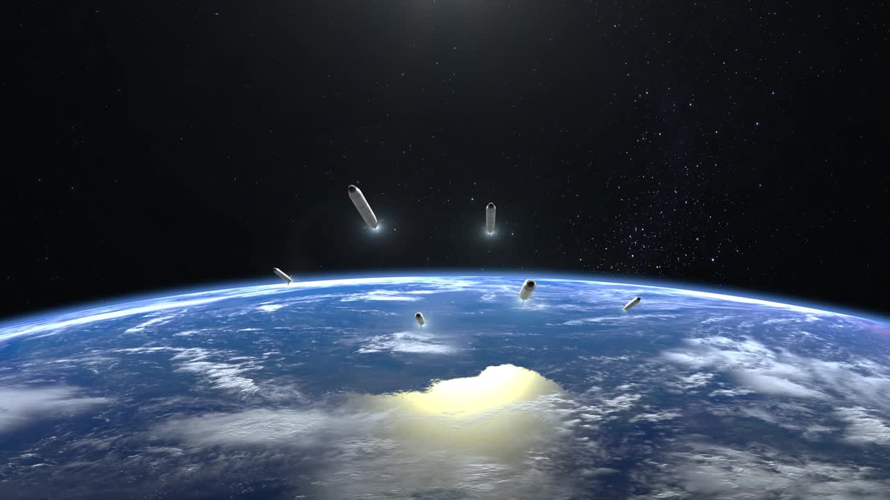 一组高超音速核导弹在地球上空起飞。从空间。火箭飞行和旋转。高超声速武器。核战争。4 k。3 d动画。