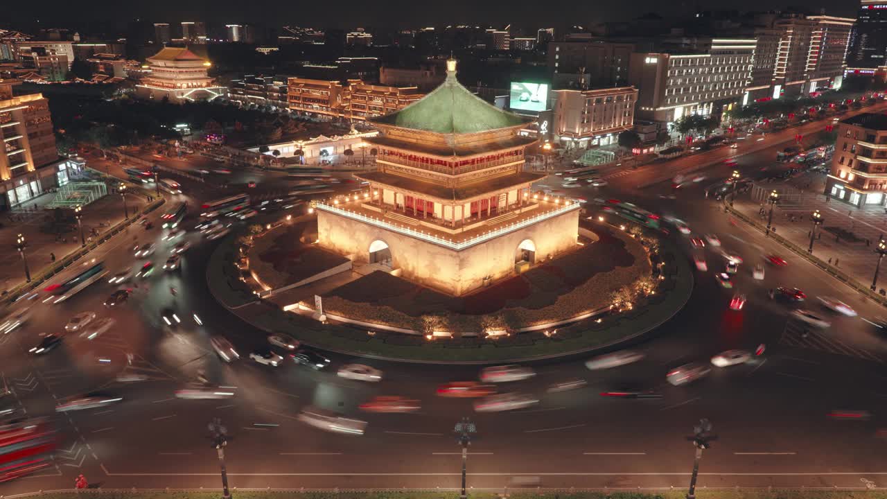 西安钟楼与中国城市夜间交通的时间差