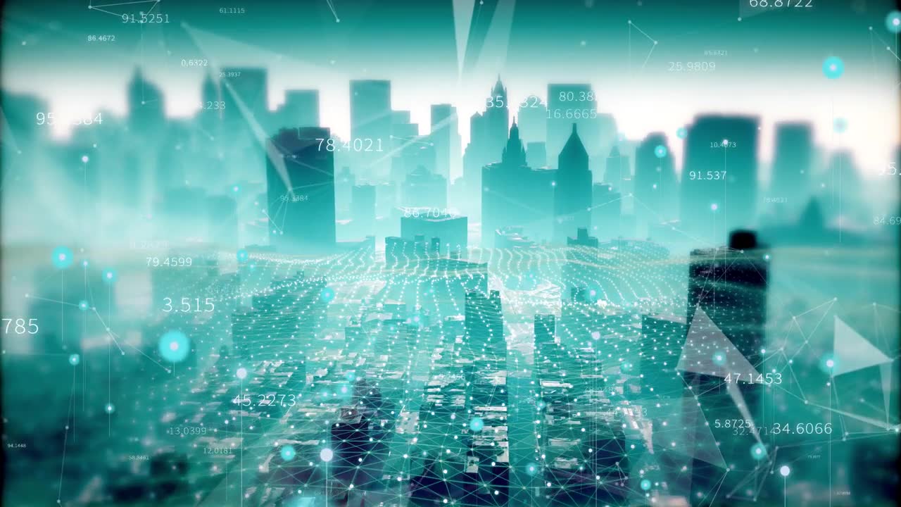 詳情圖-4k智能城市和通信網(wǎng)絡(luò)概念。5g。物聯(lián)網(wǎng)。電信。采購(gòu)產(chǎn)品流動(dòng)計(jì)數(shù)器的數(shù)字，股票市場(chǎng)，金融股票圖表，商業(yè)技術(shù)數(shù)據(jù)趨勢(shì)顯示圖。