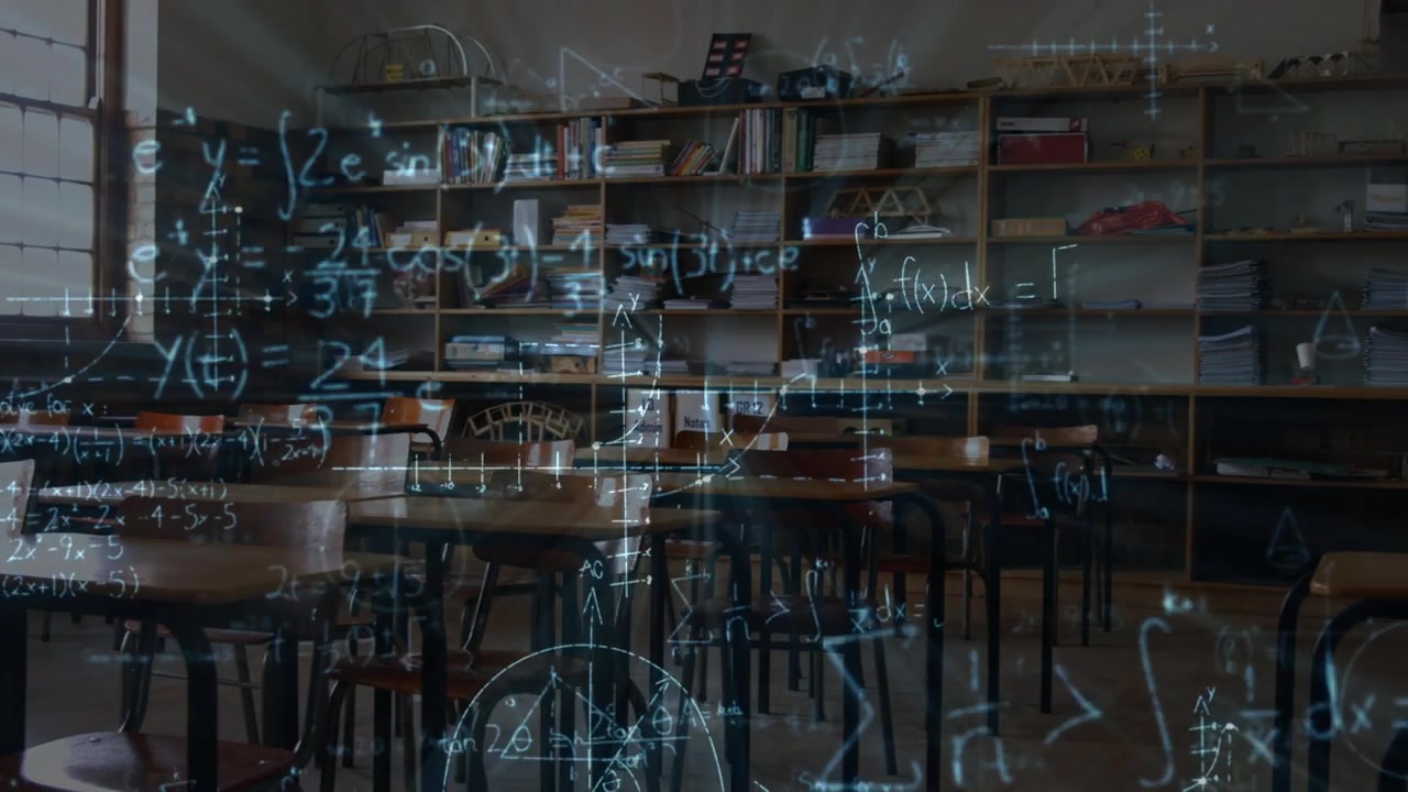 详情图-在空教室上移动数学方程的动画