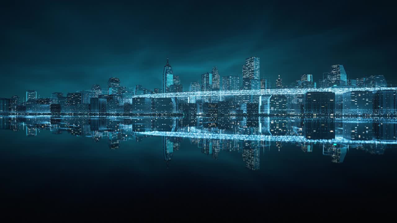 飞行通过城市景观与发光的数据线-大数据，物联网，未来主义建筑