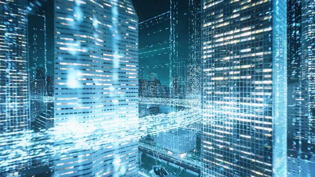 详情图-飞行通过城市景观与发光的数据线-大数据，物联网，未来主义建筑