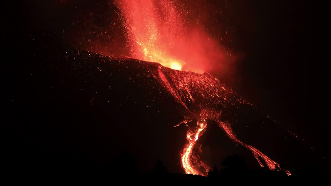 火山喷发，拉帕尔马，加那利群岛。夜间延时拍摄的视频显示岩浆流和地震晃动着相机。