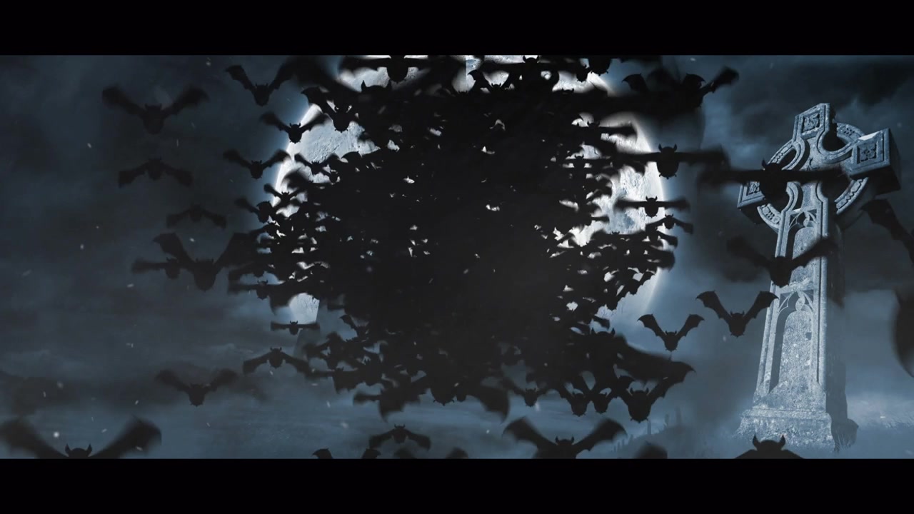 详情图-蝙蝠在月亮的映衬下飞过万圣节城堡和墓地
