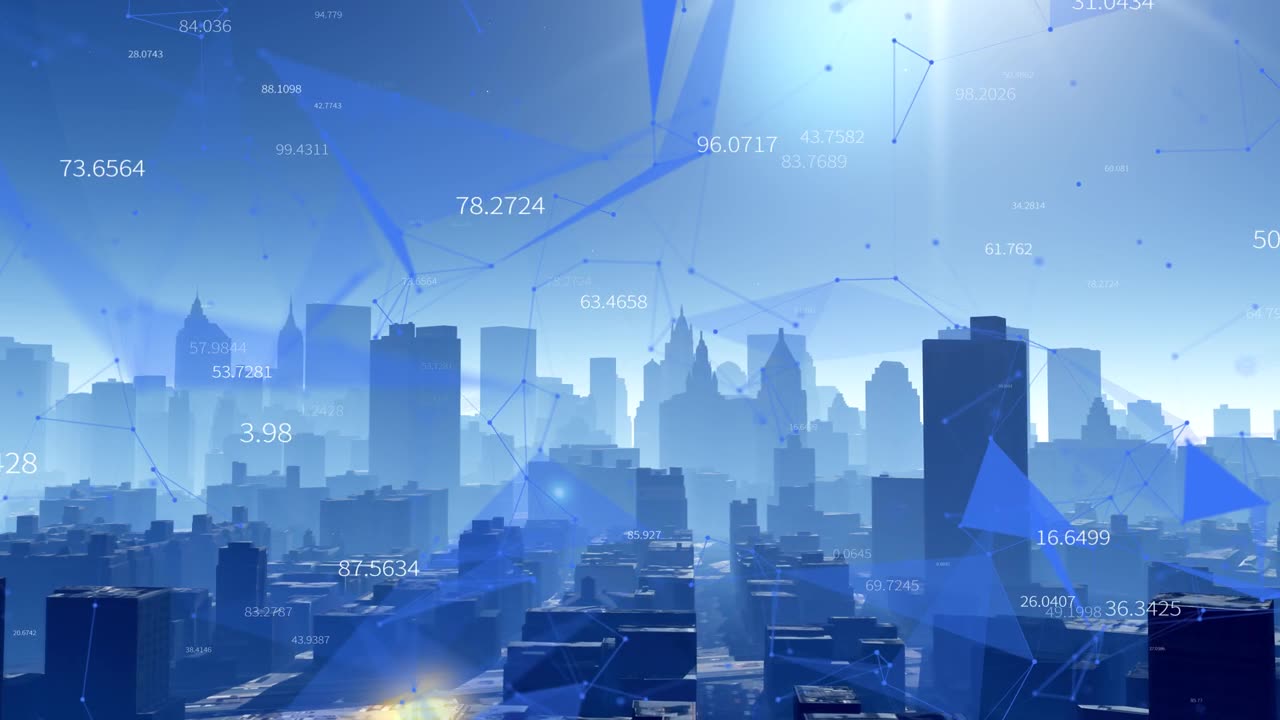 详情图-4k大数据数字城，商业数字数据。抽象技术线节点。