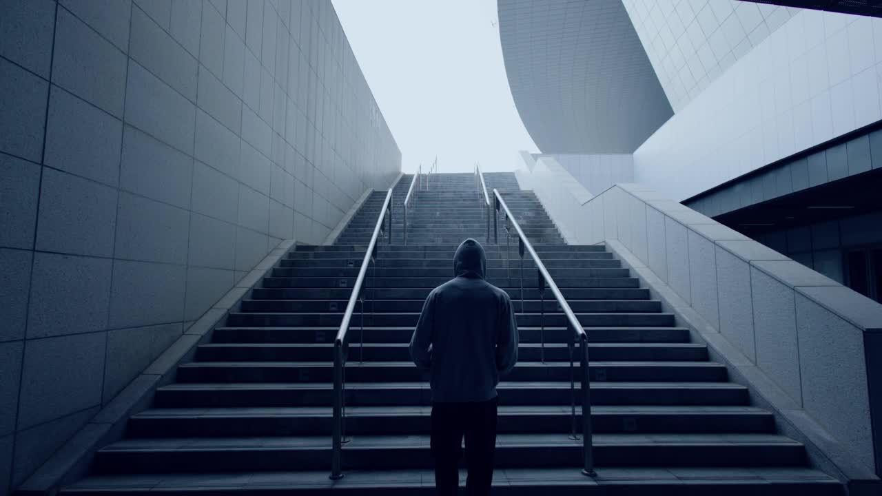 孤獨的人走在臺階上