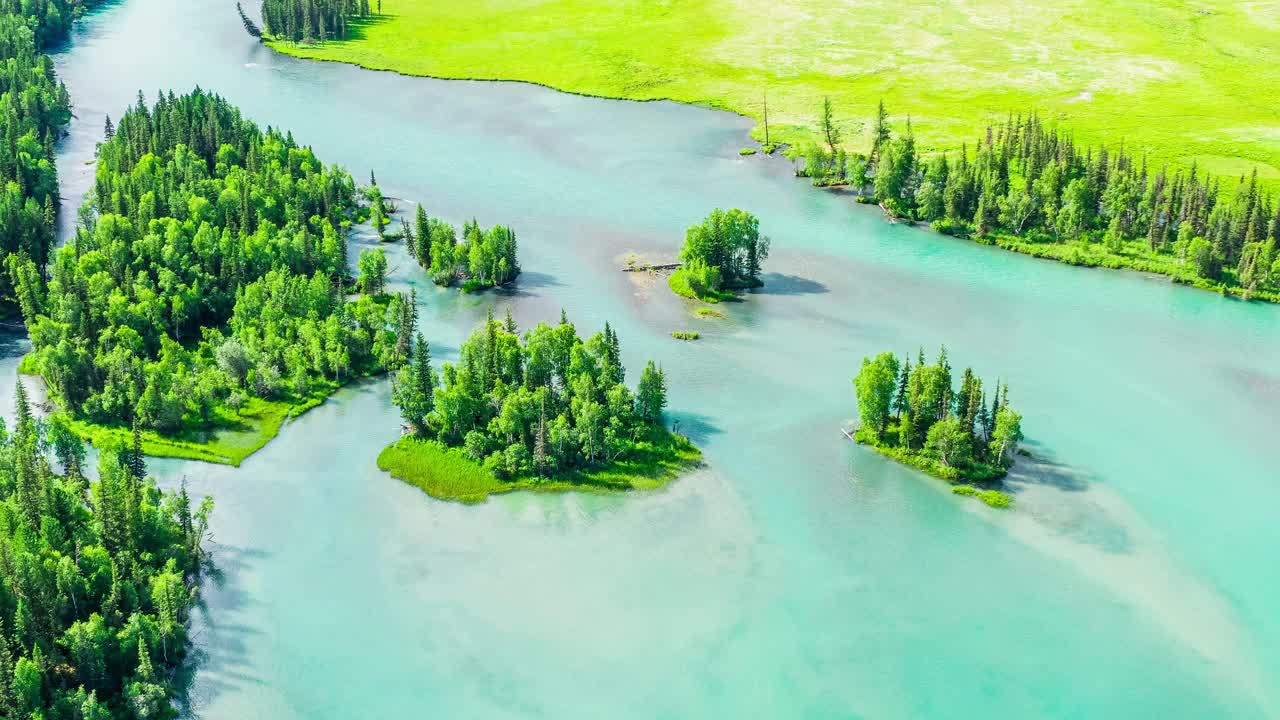 鸟瞰图的绿色森林和河流在喀纳斯，新疆，中国。