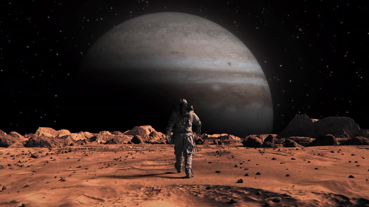 詳情圖-勇敢的宇航員穿著宇航服在火星上自信地走到巖石覆蓋的外星紅色星球木星。第一個登上火星的宇航員。先進(jìn)技術(shù)，太空探索/旅行，殖民概念。人類的重大時刻。
