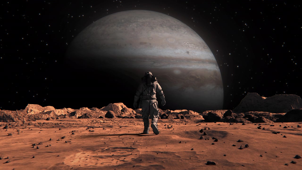 詳情圖-勇敢的宇航員穿著宇航服在火星上自信地走到巖石覆蓋的外星紅色星球木星。第一個登上火星的宇航員。先進(jìn)技術(shù)，太空探索/旅行，殖民概念。人類的重大時刻。