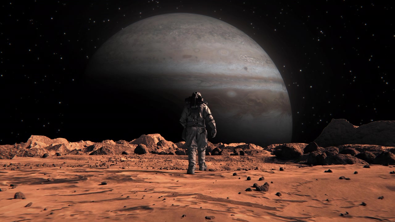 詳情圖-勇敢的宇航員穿著宇航服在火星上自信地走到巖石覆蓋的外星紅色星球木星。第一個登上火星的宇航員。先進(jìn)技術(shù)，太空探索/旅行，殖民概念。人類的重大時刻。