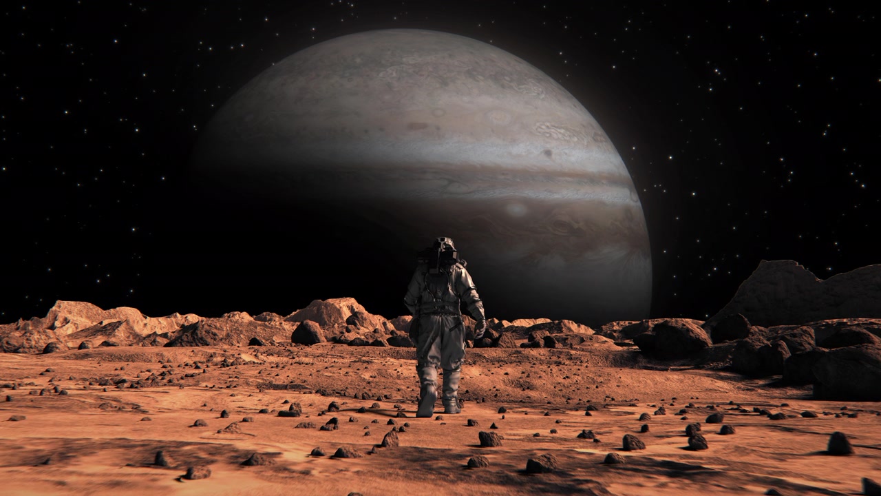 詳情圖-勇敢的宇航員穿著宇航服在火星上自信地走到巖石覆蓋的外星紅色星球木星。第一個登上火星的宇航員。先進(jìn)技術(shù)，太空探索/旅行，殖民概念。人類的重大時刻。