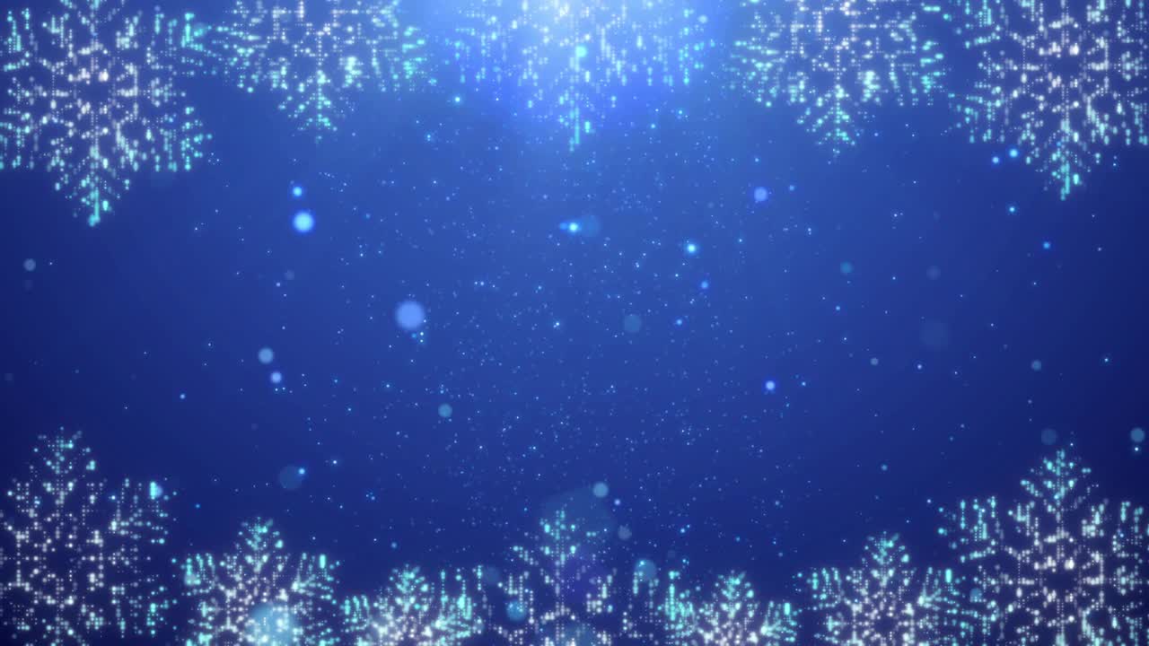 动态圣诞装饰背景，雪花与闪烁粒子和镜头光晕为圣诞节和庆祝事件