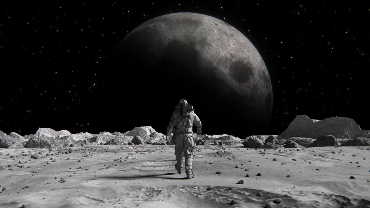 详情图-勇敢的宇航员穿着宇航服在太空星球上自信地走向月球，身上覆盖着岩石。第一个登上太空星球的宇航员。人类的重大时刻。先进技术，太空探索/旅行，殖民概念。