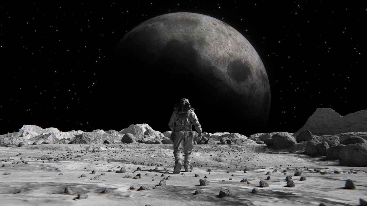详情图-勇敢的宇航员穿着宇航服在太空星球上自信地走向月球，身上覆盖着岩石。第一个登上太空星球的宇航员。人类的重大时刻。先进技术，太空探索/旅行，殖民概念。