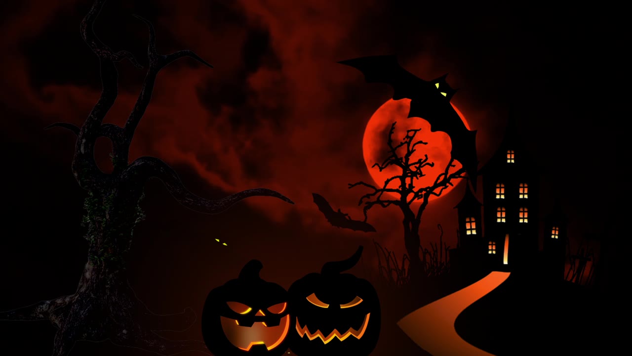 詳情圖-萬圣節(jié)前夜，血紅色的月亮在黑色的天空背景上房子的剪影，光禿禿的樹，橙色的南瓜和蝙蝠。萬圣節(jié)人物顯卡