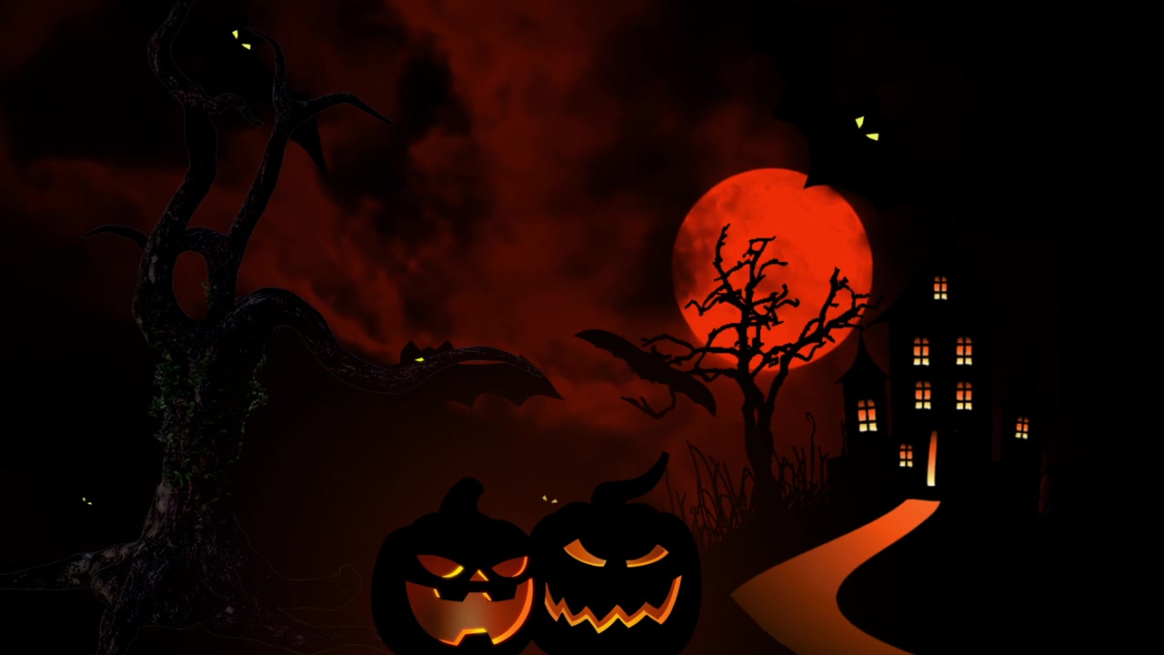 詳情圖-萬圣節(jié)前夜，血紅色的月亮在黑色的天空背景上房子的剪影，光禿禿的樹，橙色的南瓜和蝙蝠。萬圣節(jié)人物顯卡