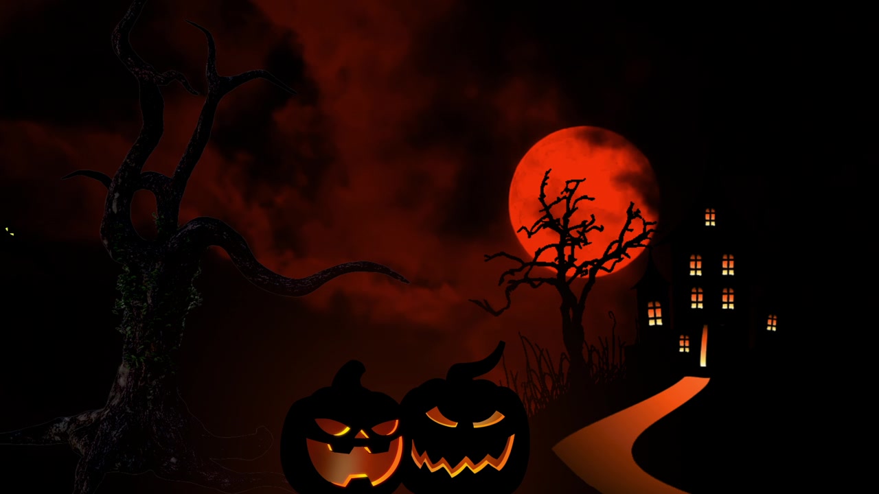 詳情圖-萬圣節(jié)前夜，血紅色的月亮在黑色的天空背景上房子的剪影，光禿禿的樹，橙色的南瓜和蝙蝠。萬圣節(jié)人物顯卡