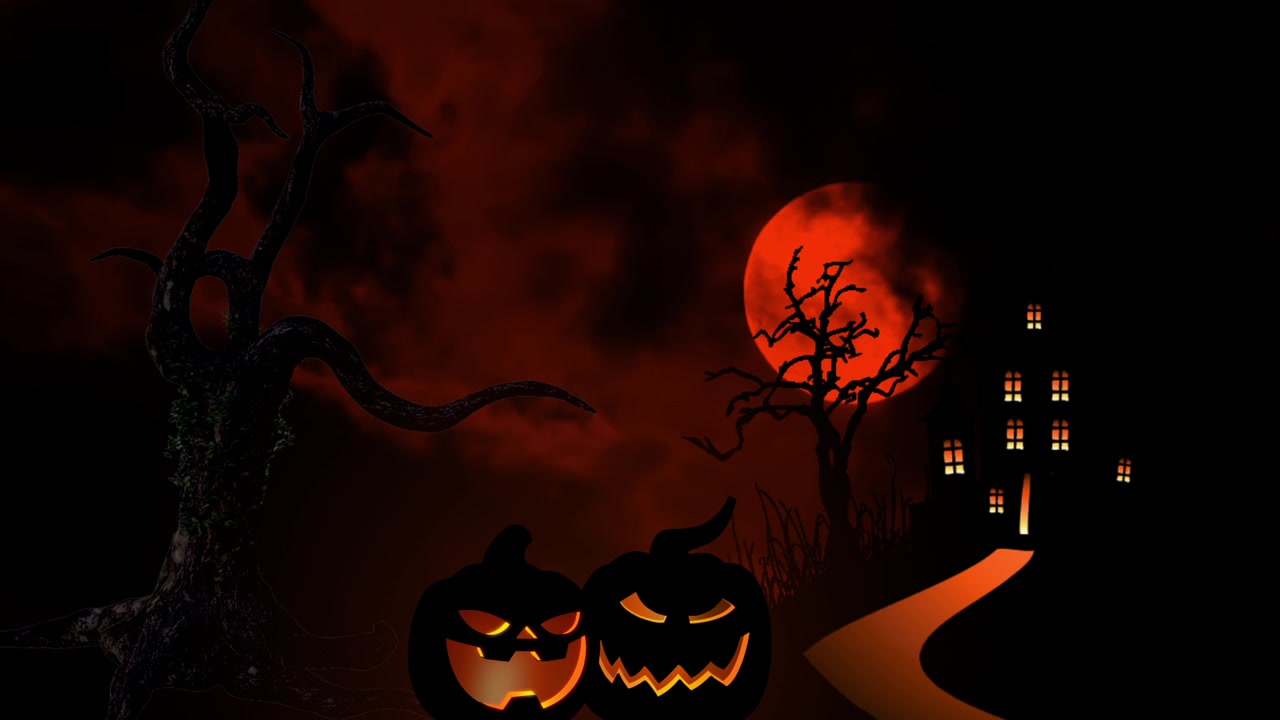 詳情圖-萬圣節(jié)前夜，血紅色的月亮在黑色的天空背景上房子的剪影，光禿禿的樹，橙色的南瓜和蝙蝠。萬圣節(jié)人物顯卡