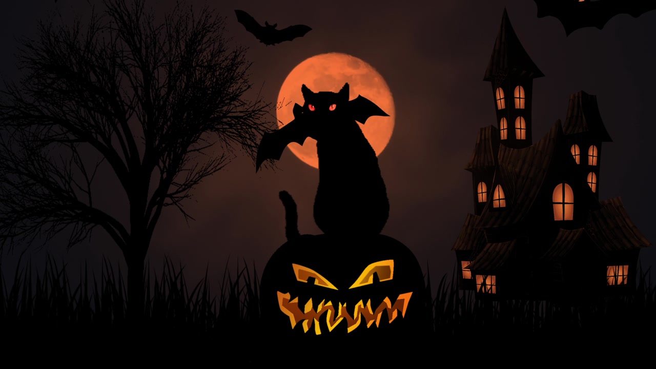 詳情圖-黑貓眨著眼睛，坐在老房子上的萬(wàn)圣節(jié)南瓜燈上，蝙蝠在夜空中飛翔。令人毛骨悚然的萬(wàn)圣節(jié)裝飾