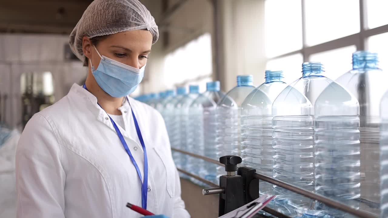 装瓶厂的技术人员在装运前检查水瓶。