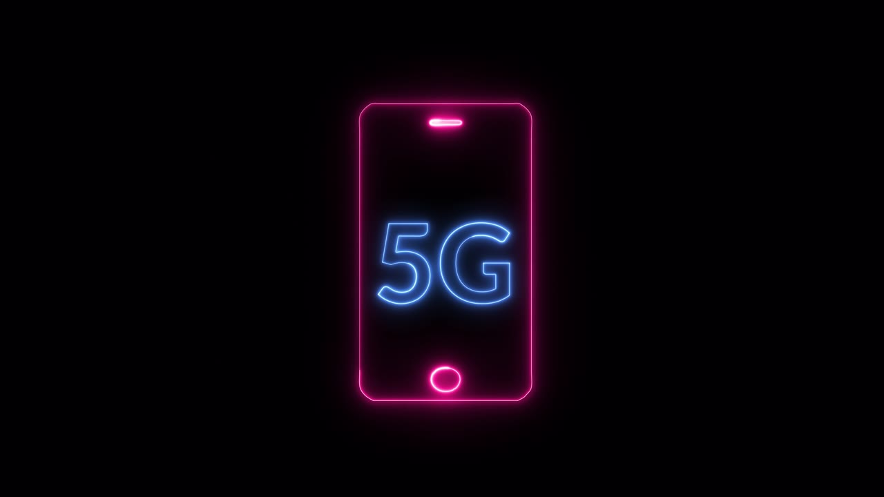 详情图-发光霓虹灯移动电话线路图标和5G新无线互联网wifi图标。5G网络的概念,高速移动互联网。摘要三维渲染无缝循环动画与阿尔法通道。