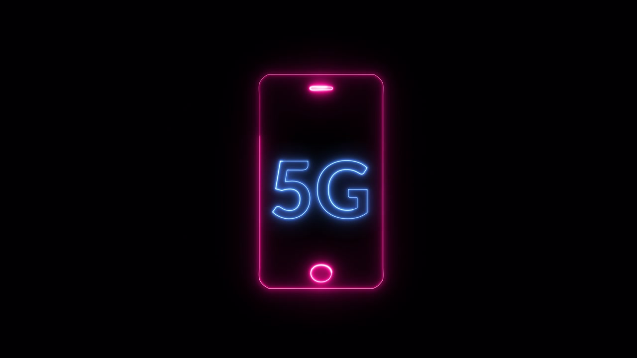 详情图-发光霓虹灯移动电话线路图标和5G新无线互联网wifi图标。5G网络的概念,高速移动互联网。摘要三维渲染无缝循环动画与阿尔法通道。