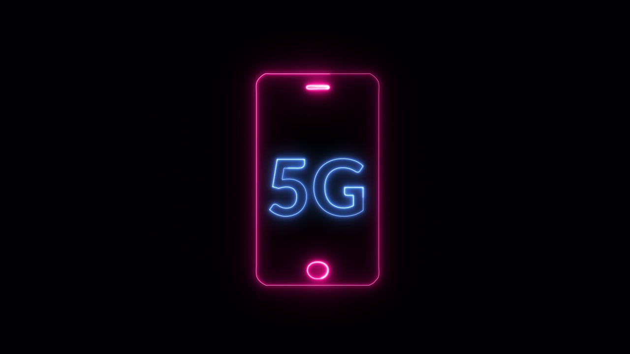 详情图-发光霓虹灯移动电话线路图标和5G新无线互联网wifi图标。5G网络的概念,高速移动互联网。摘要三维渲染无缝循环动画与阿尔法通道。