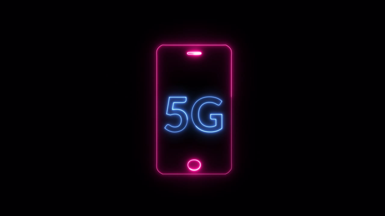 详情图-发光霓虹灯移动电话线路图标和5G新无线互联网wifi图标。5G网络的概念,高速移动互联网。摘要三维渲染无缝循环动画与阿尔法通道。