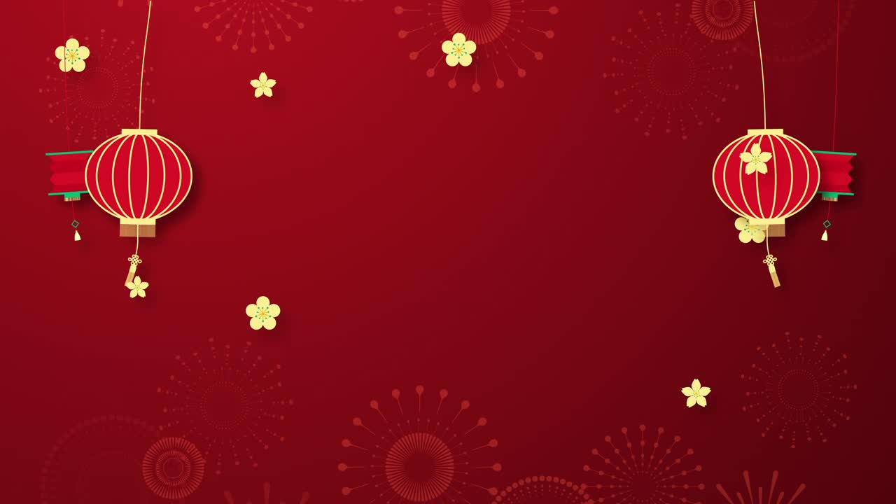 中国新年背景以中国装饰元素和樱花烟花。概念节日横幅，中国新年庆祝背景装饰。