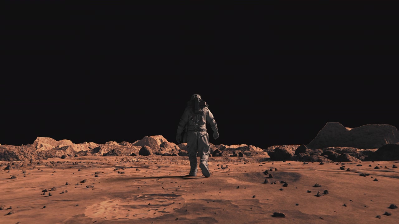 詳情圖-下面的照片是勇敢的宇航員穿著太空服自信地行走在火星表面?；鹦潜砻妫⒉贾r石和紅色沙子。橘紅色的火星景觀，火星表面，沙漠，懸崖，沙子。