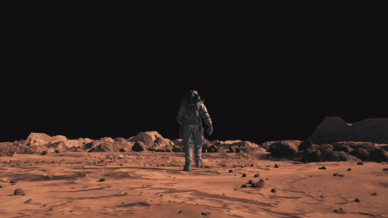 詳情圖-下面的照片是勇敢的宇航員穿著太空服自信地行走在火星表面?；鹦潜砻?，散布著小巖石和紅色沙子。橘紅色的火星景觀，火星表面，沙漠，懸崖，沙子。