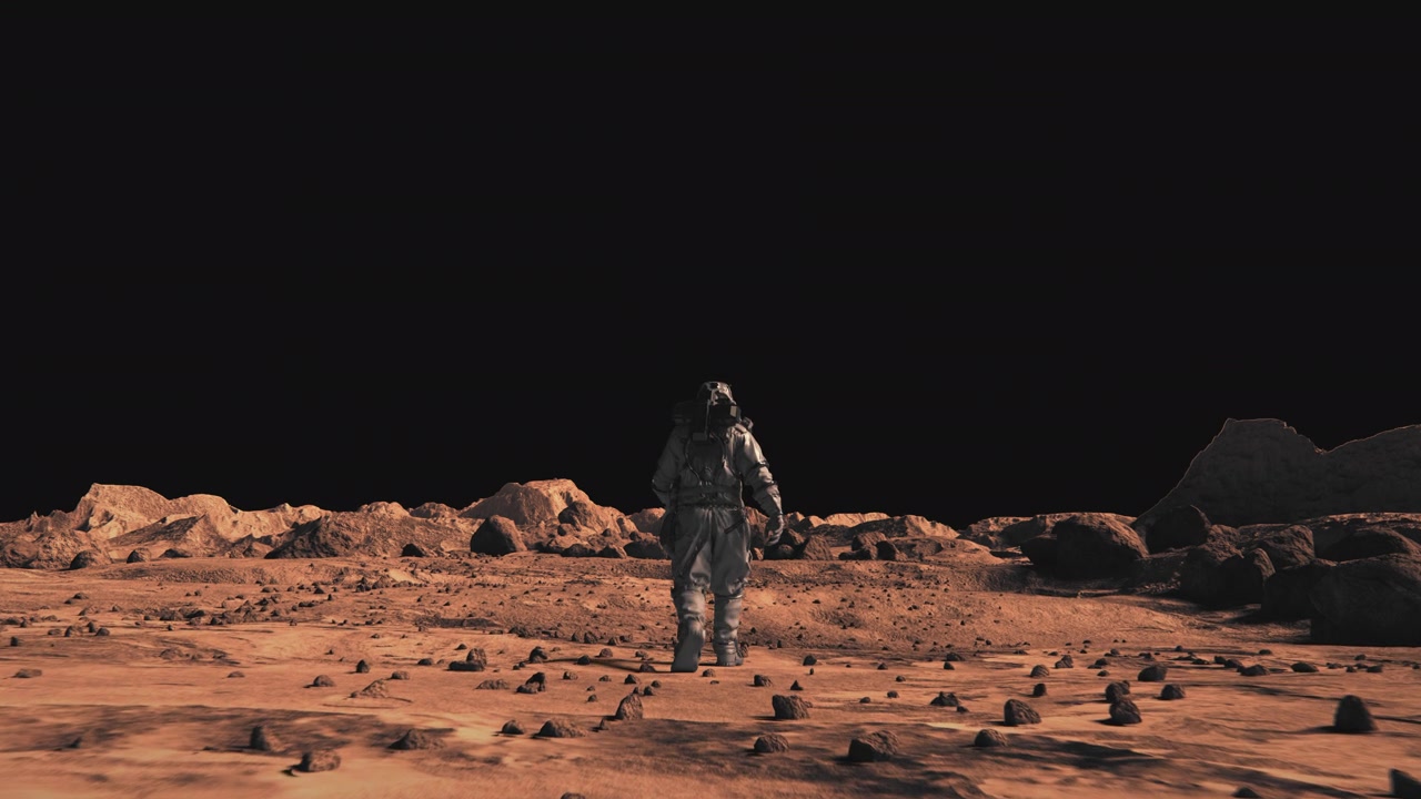 詳情圖-下面的照片是勇敢的宇航員穿著太空服自信地行走在火星表面?；鹦潜砻妫⒉贾r石和紅色沙子。橘紅色的火星景觀，火星表面，沙漠，懸崖，沙子。