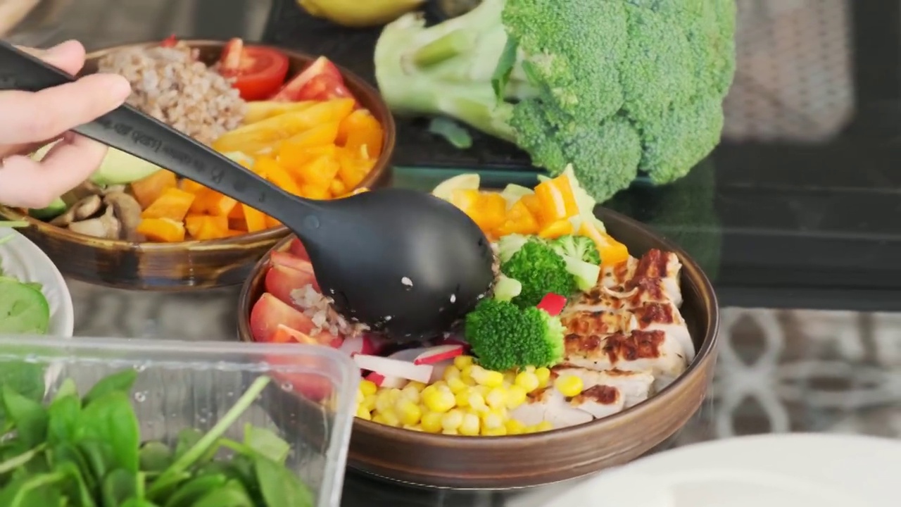 詳情圖-一個廚師用勺子把蕎麥放在盤子里的特寫鏡頭。烹飪，健康素食的理念