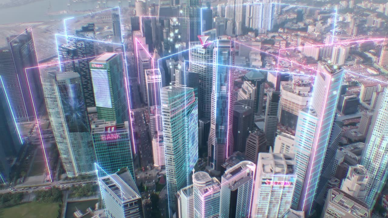 详情图-智能城市和metaverse概念，动态未来主义霓虹灯航拍现代城市景观
