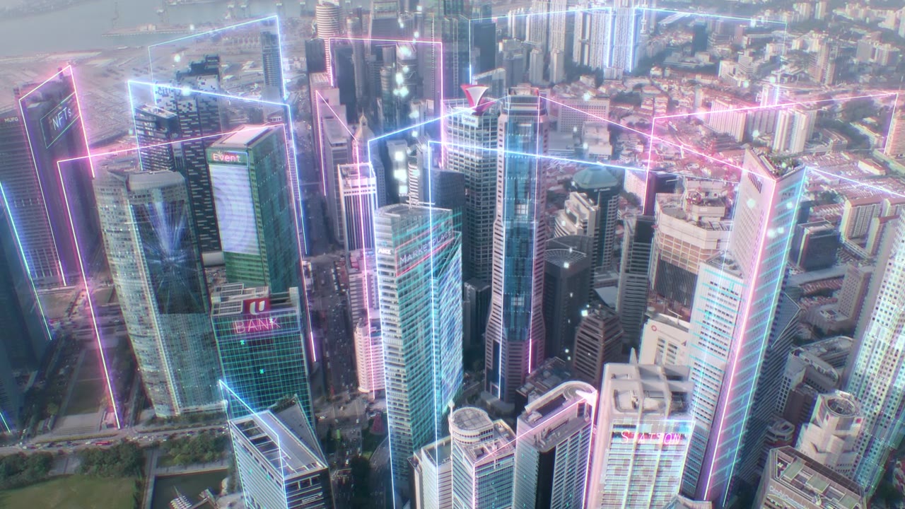 详情图-智能城市和metaverse概念，动态未来主义霓虹灯航拍现代城市景观