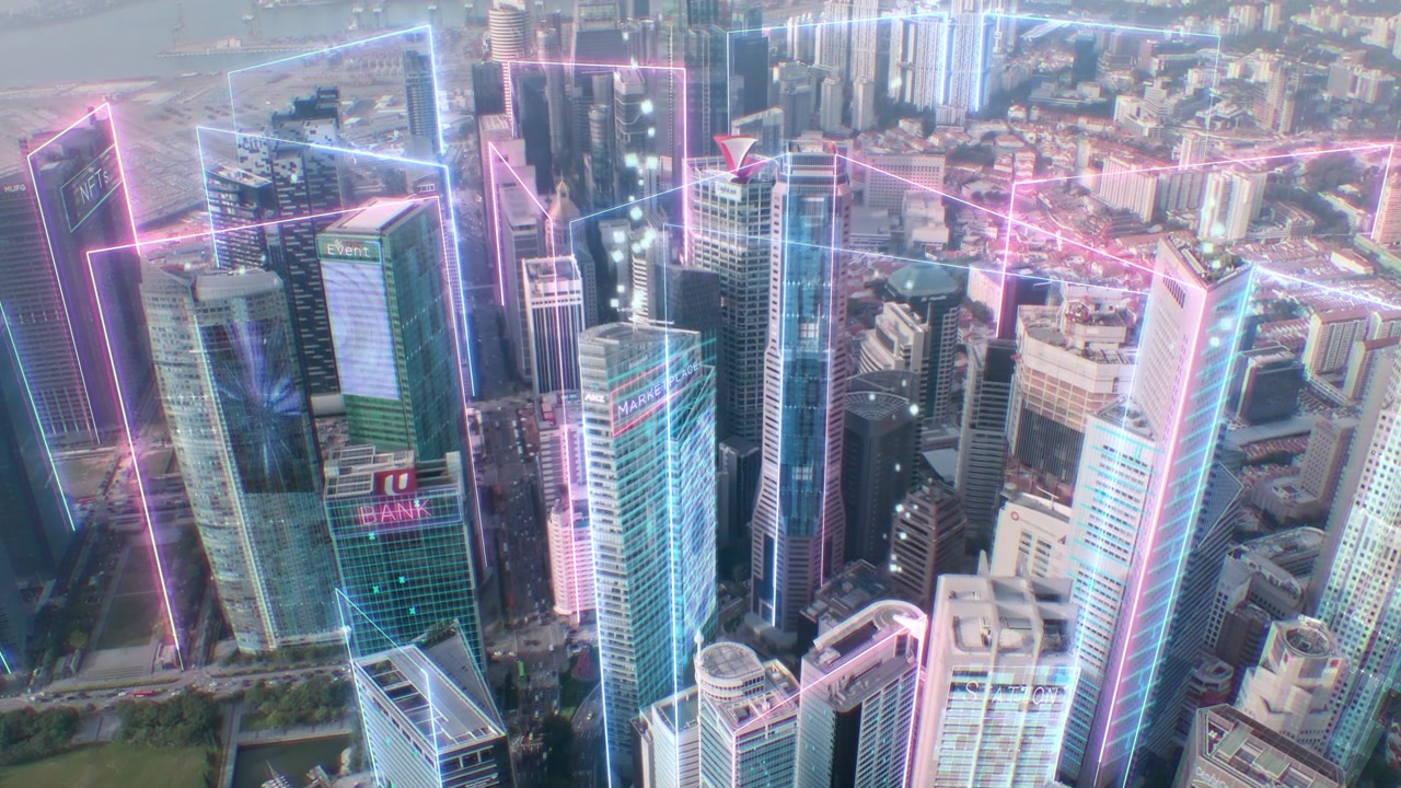 详情图-智能城市和metaverse概念，动态未来主义霓虹灯航拍现代城市景观