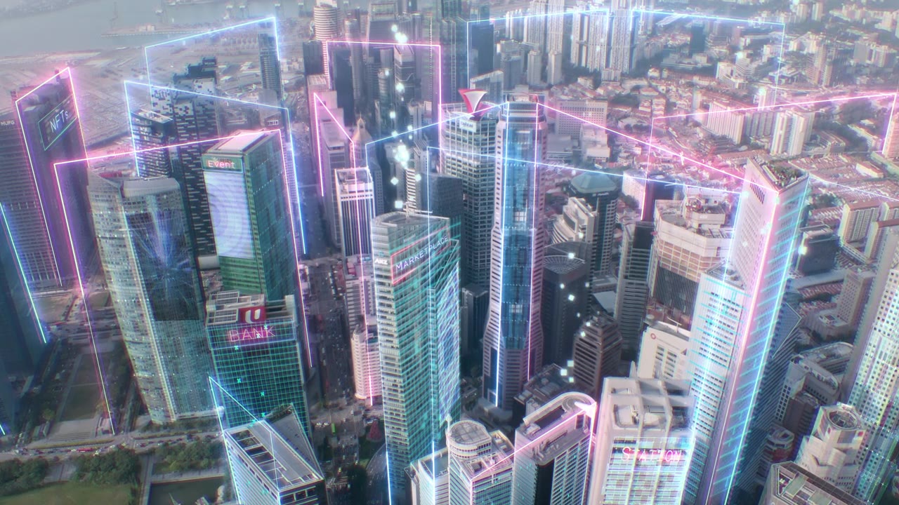 详情图-智能城市和metaverse概念，动态未来主义霓虹灯航拍现代城市景观