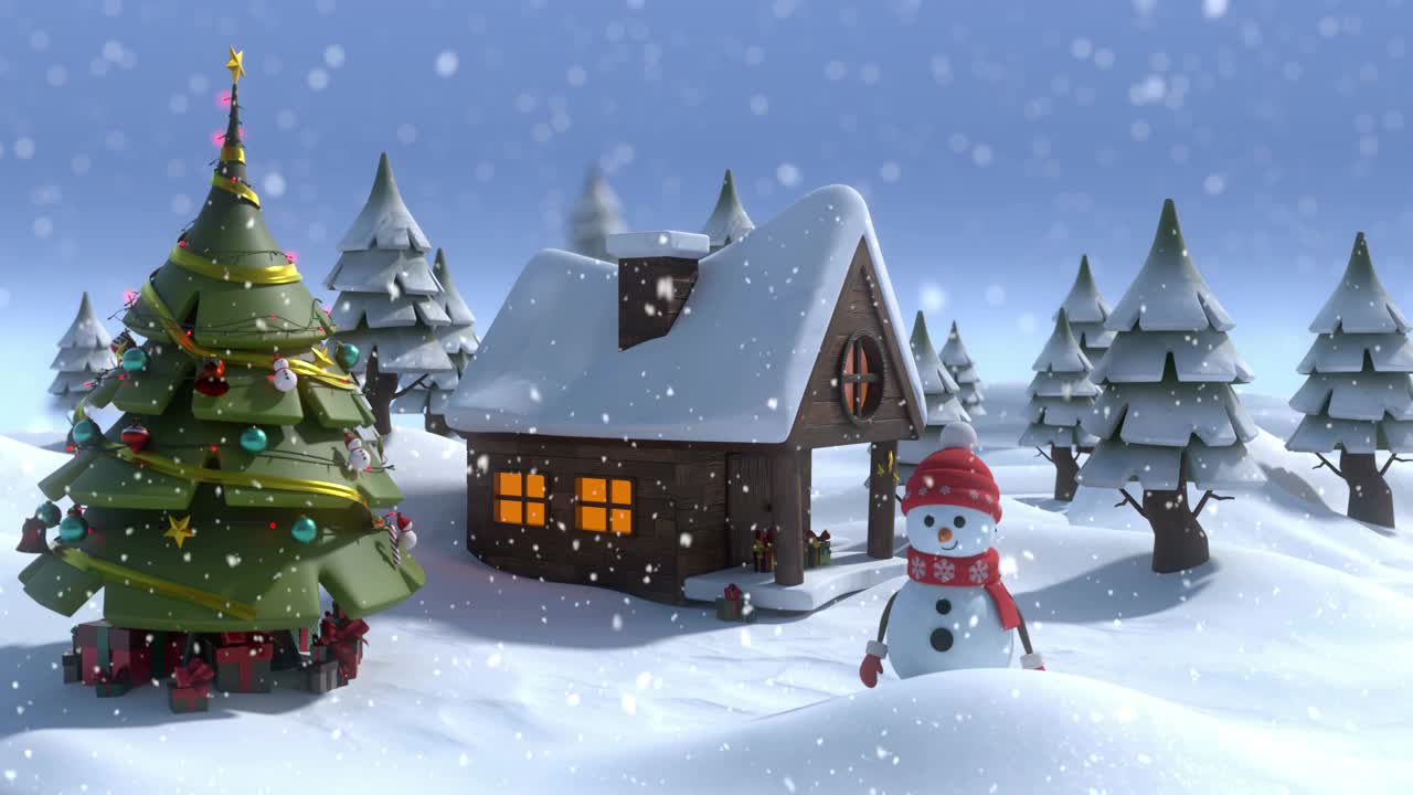 动画的雪落在微笑的雪人和圣诞树在冬天的风景4k股票视频