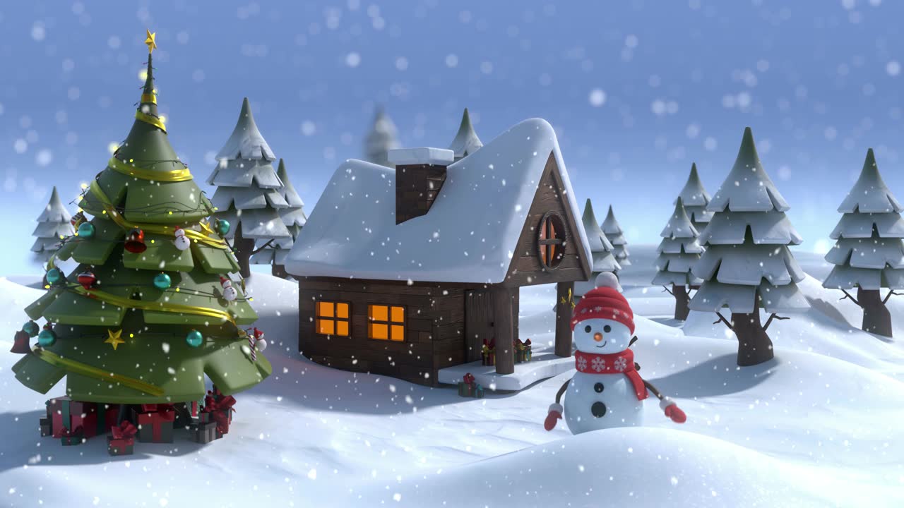 詳情圖-動(dòng)畫的雪落在微笑的雪人和圣誕樹在冬天的風(fēng)景4k股票視頻