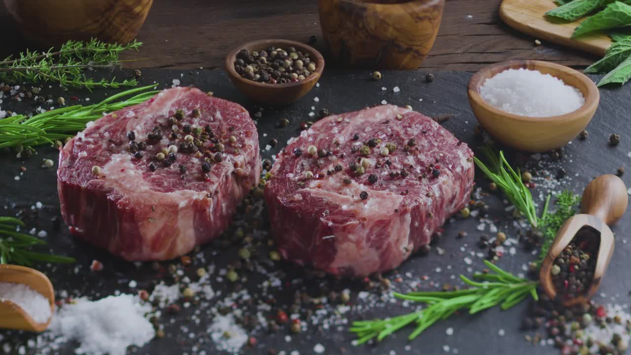 两块生肋眼牛排加香料和香草在石头表面。镜头围绕着牛排慢慢旋转。