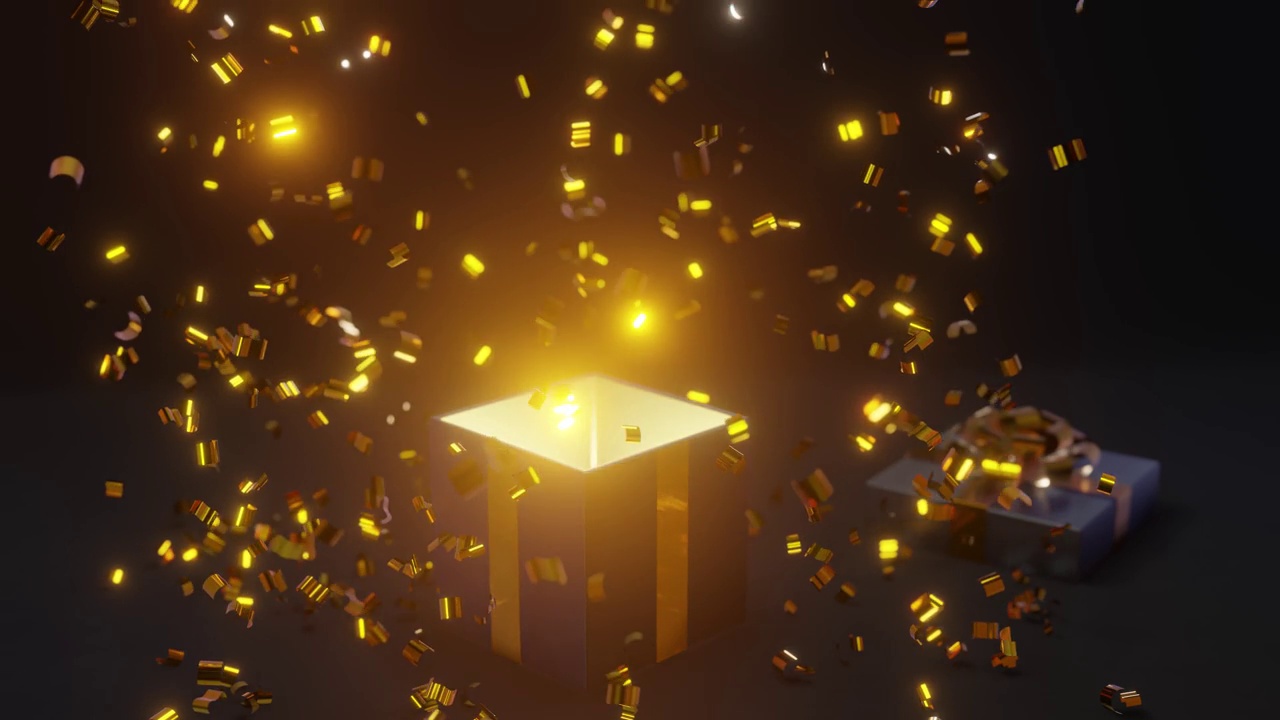 拆包圣诞礼物动画。用五彩纸屑打开礼盒。新年和圣诞节的设计。圣诞节的背景。黑色星期五销售。黑色的带金色丝带的盒子。3 d渲染。