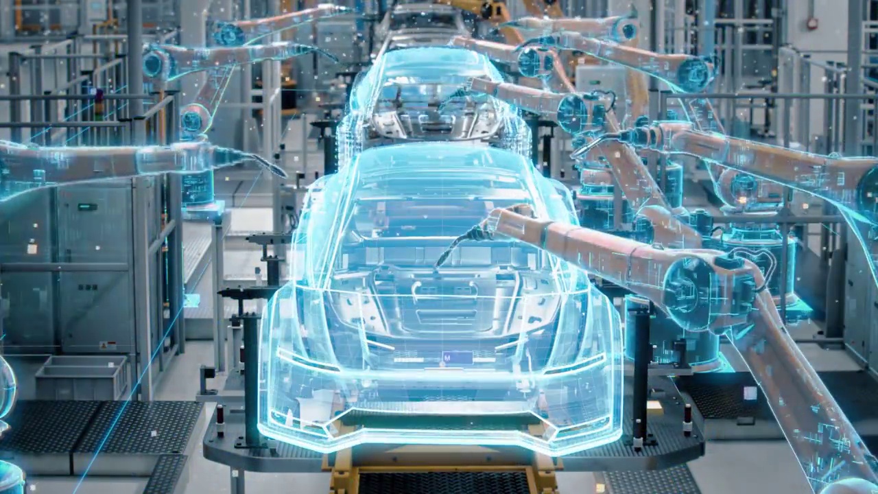 詳情圖-前瞻汽車廠數(shù)字化:自動化機(jī)器人手臂裝配線制造高科技可持續(xù)電動汽車。未來AI計算機(jī)視覺分析，掃描生產(chǎn)效率